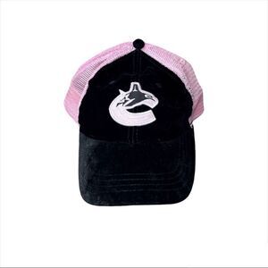 Y2K Vancouver Canucks RBK by Roger Edwards Pink & Black Velvet Trucker Hat